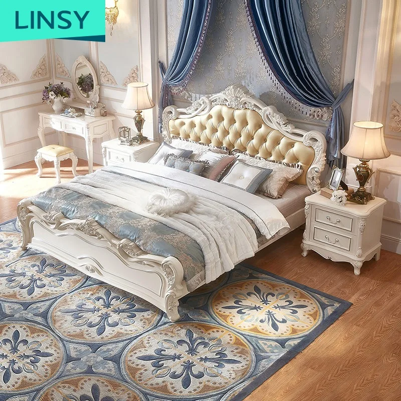 French Wooden Timber Queen Size Leather Modern Bed Frame Furniture