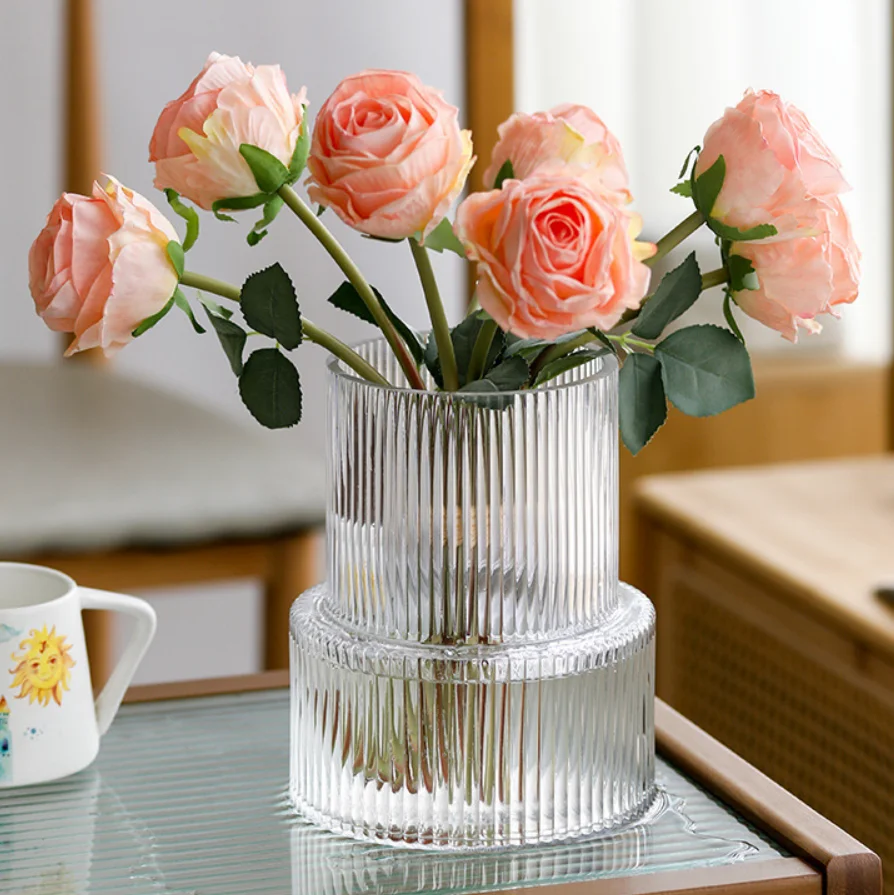 Wholesale Best Selling Large clear Cylinder Ribbed Glass Vase for Home Decoration