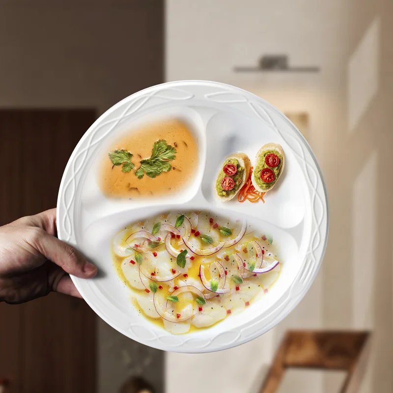 Elegant Design Holiday Celebrations Meal Prep Food Storage White Black Round 9 inch Durable Recyclable Plastic Plates