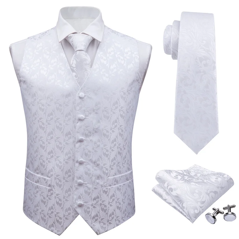 Men Solid White Suit Vest Silk Waistcoat Formal Paisley Ties Cufflinks Pocket Square Set for Tuxedo Male Gift MJ-2002