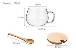 heat resistant high borosilicate glass cup clear tea mug with wood lid and spoon