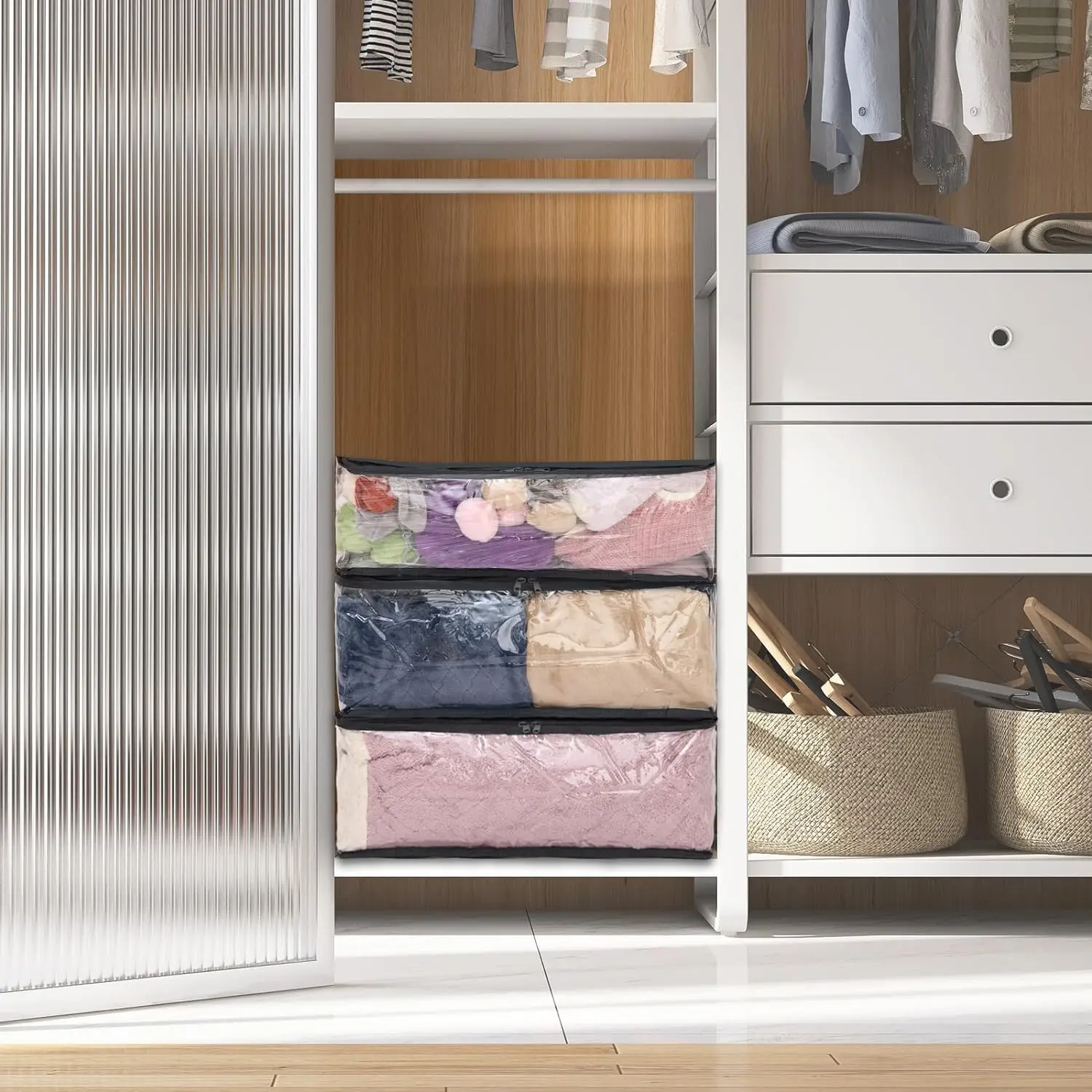 Texpack Clear Clothes Organizer Storage Bags, Foldable Bed Sheet Comforter Storage Bags PVC Organizers with Zipper for Sweaters,