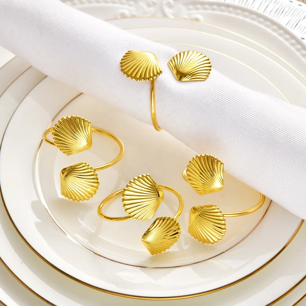 2024 New Fancy Decorative Luxury Wedding Tabletop Rental Party Seashell Gold Metal Napkin Ring