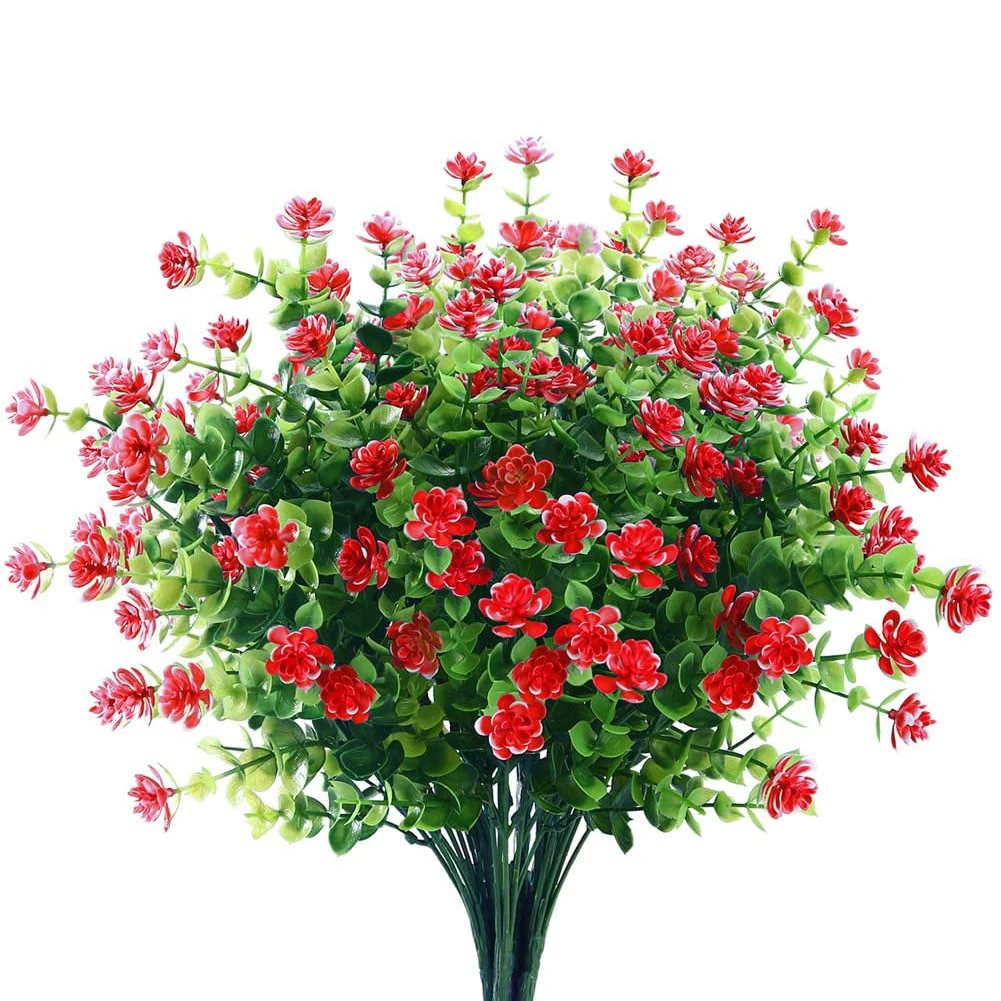 Sen Masine Artificial Red Flowers bushes greenery for Garden Window decor Plastic decorative flowers and plants