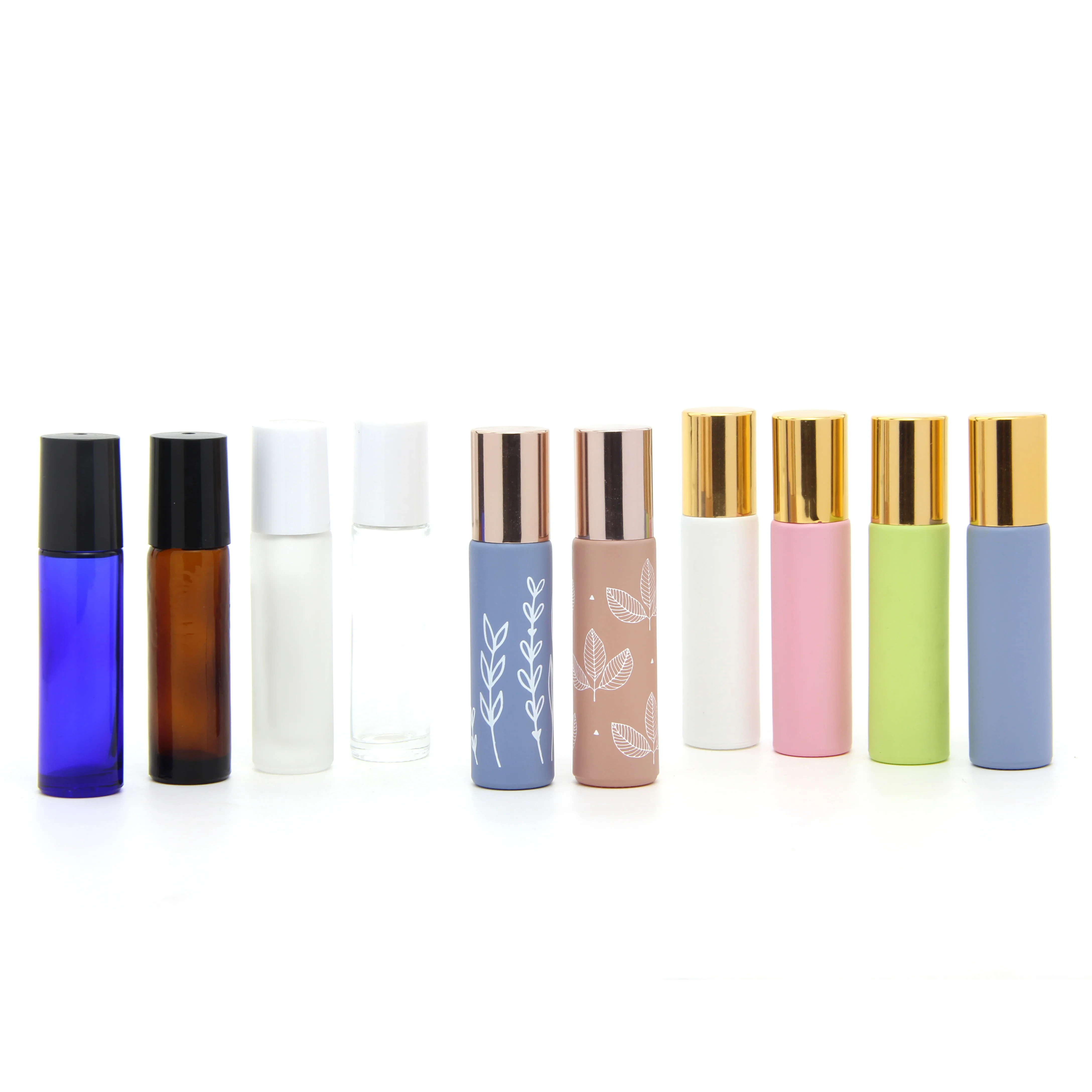 Frosted Amber Empty Glass Roller Bottle 10 ml with Stainless Roll On Ball and Aluminum Gold Cap