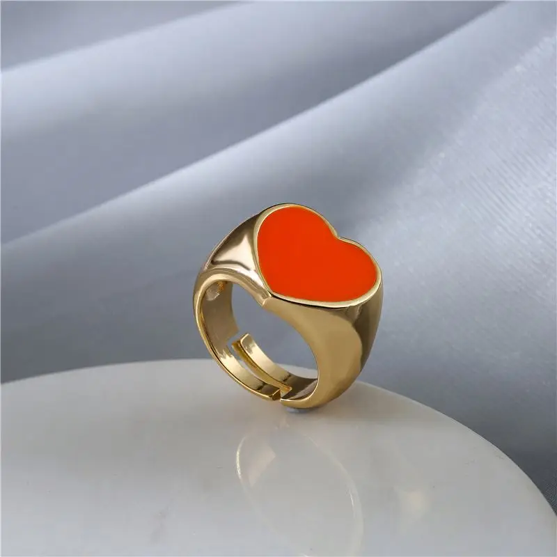 Women 18K Gold Plated Ring Heart Shape Plain Enamel Ring Handmade Enamel Heart Signet Ring