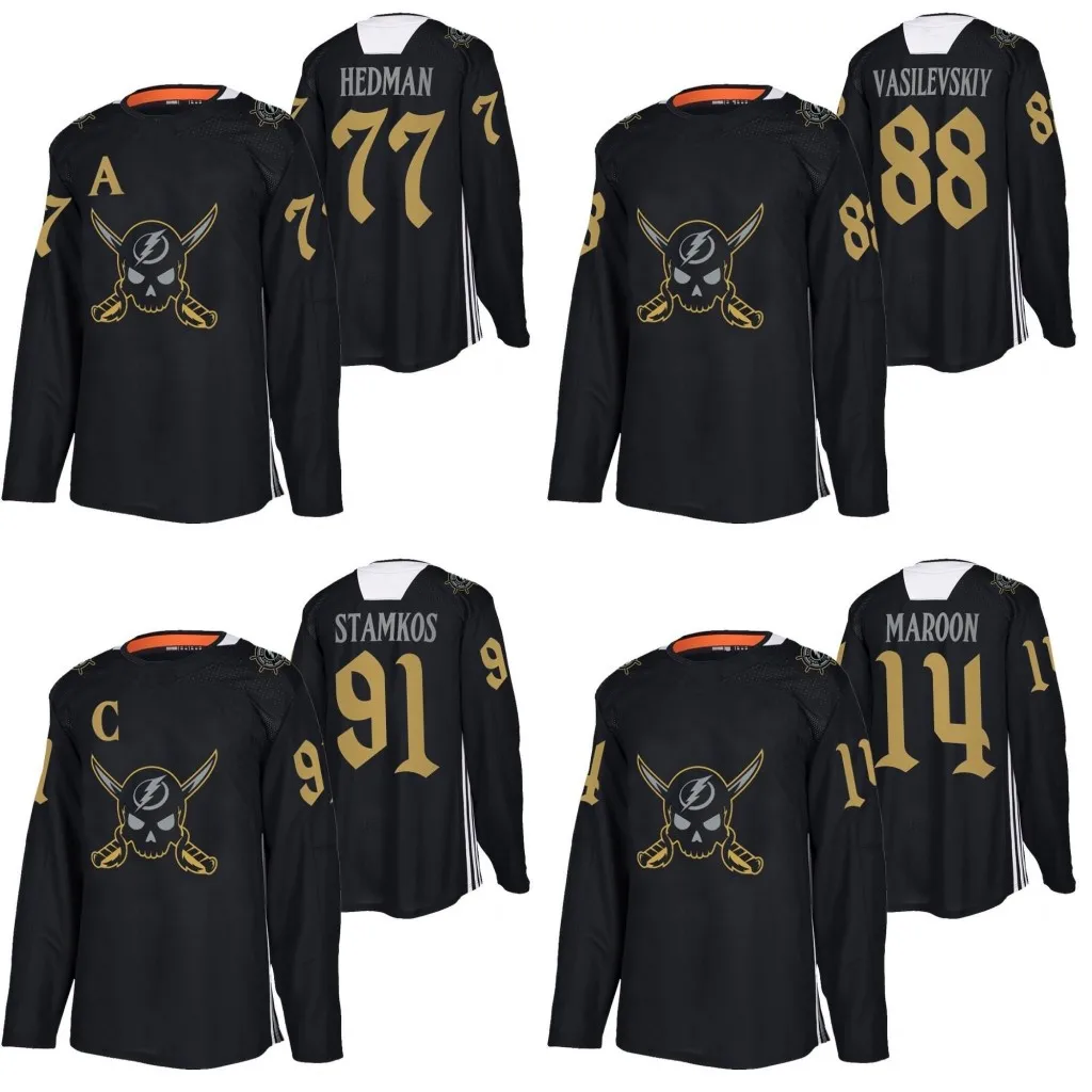 88 Andrei Vasilevskiy 86 Nikita Kucherov 14 Patrick Maroon Lightning 2022 Pirate-themed Warmup Black Gasparilla inspired Jersey