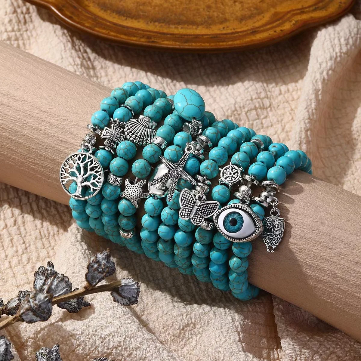 European American Retro Turquoise Bracelet Set Cross-Border Fashion Beaded Bracelets with Natural Stone Turquoise Color