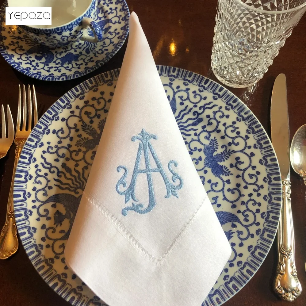 Factory supply directly high quality wedding gift custom monogrammed embroidered 100% linen hemstitch napkins for dinner