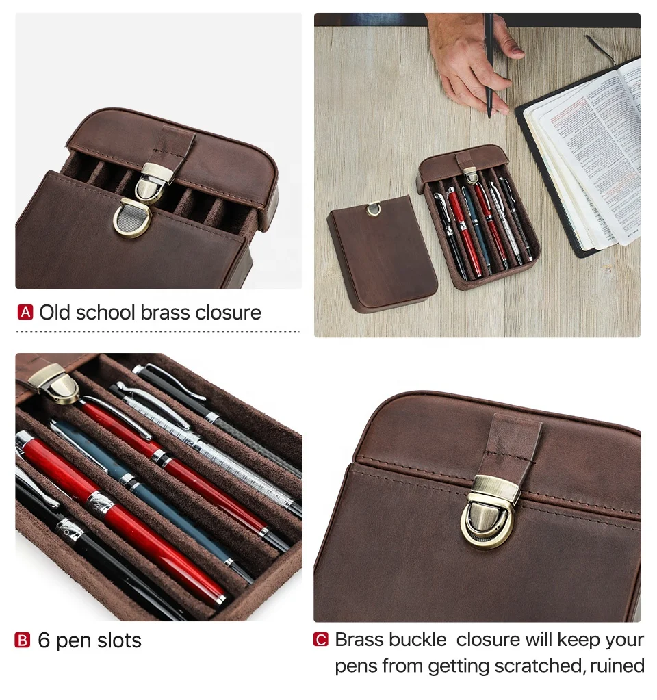 6 Slots Travel Pen Case Storage Box Leather Hard Pen Case Holder with Detachable Tray Office Stationery