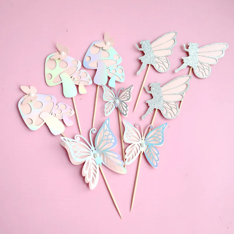 Ychon Fairy Mushroom Butterfly Themed Cupcake Picks Birthday Cupcake Toppers Plug-in Birthday Party Cake Decoration