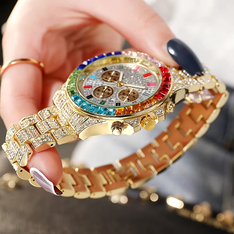 Hip Hop Fashion Multi-function Wrist Watches Colorful Rainbow Stone Fashionable Unisex Quartz Watch Diamond Watches(WA020)