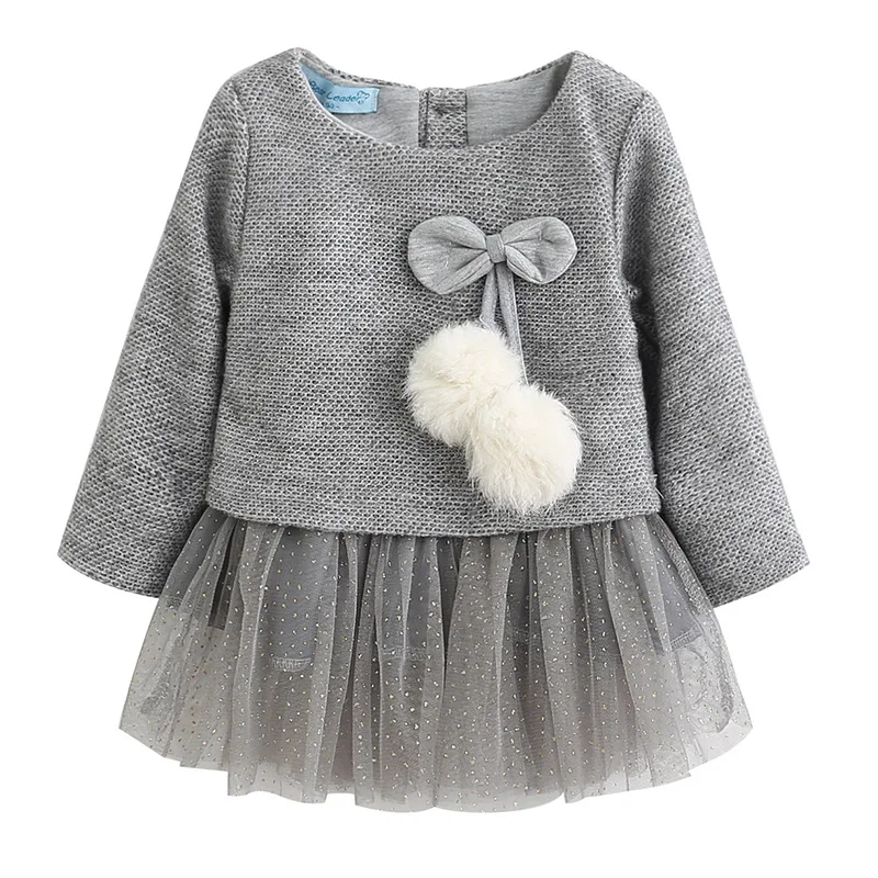 
autumn cotton venonat sleeve o-neck bow sequins mesh hem princess dresses for baby girl 
