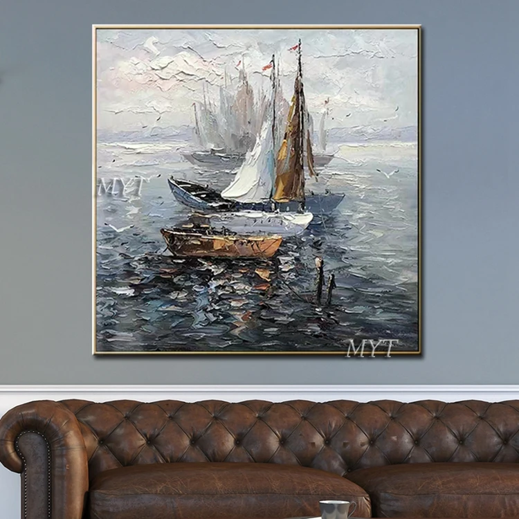 Latest Wall Paintings Picture Art Handmade Canvas Seascape Boat Oil Painting For Home