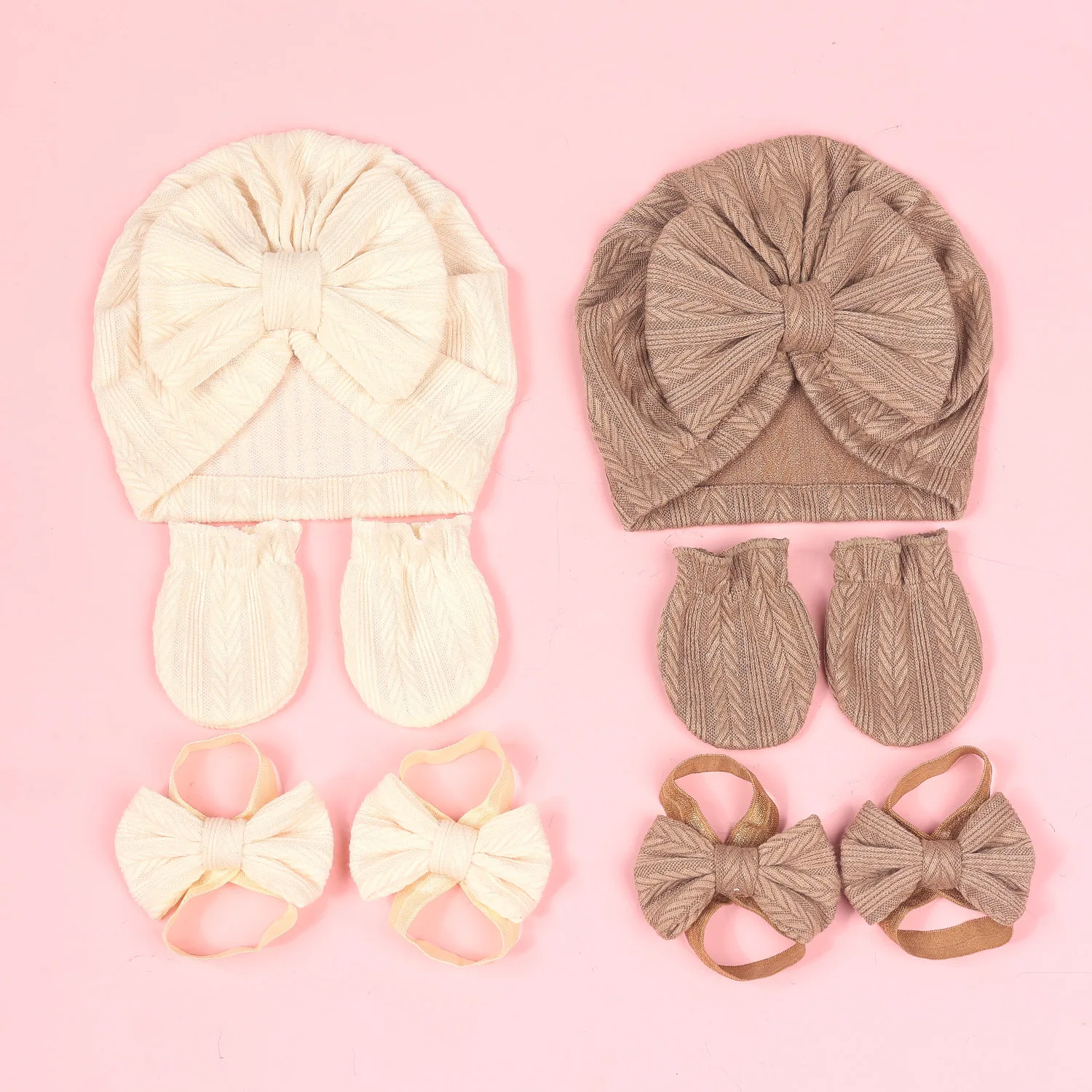 5Pcs/set Cotton Newborn Hats Caps Mittens Foot Cover Infant Felt Cute Bow Headwraps Baby Gloves Socks 0-3M Beanies