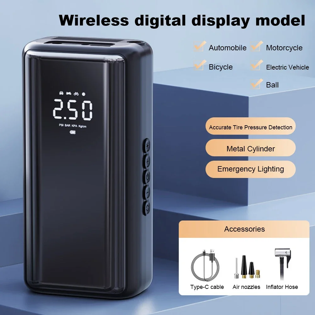 Cordless and Corded dual power car tire inflator, digital auto stop DC 12V 4500mah portable car air compressor