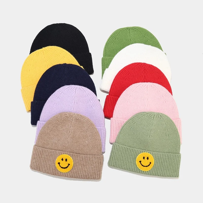 Fashionable Winter Warm knitted hat Candy colors Smiley Face Wool Hat Beanie Cute Knitted Hats For Women and kids