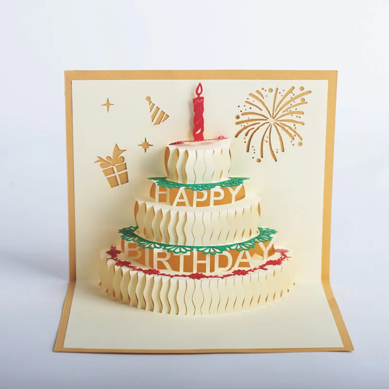 Customized 2 Fold 3d Pop Up Happy Birthday Led Light Voice Record Musical Greeting Cards with Envelope