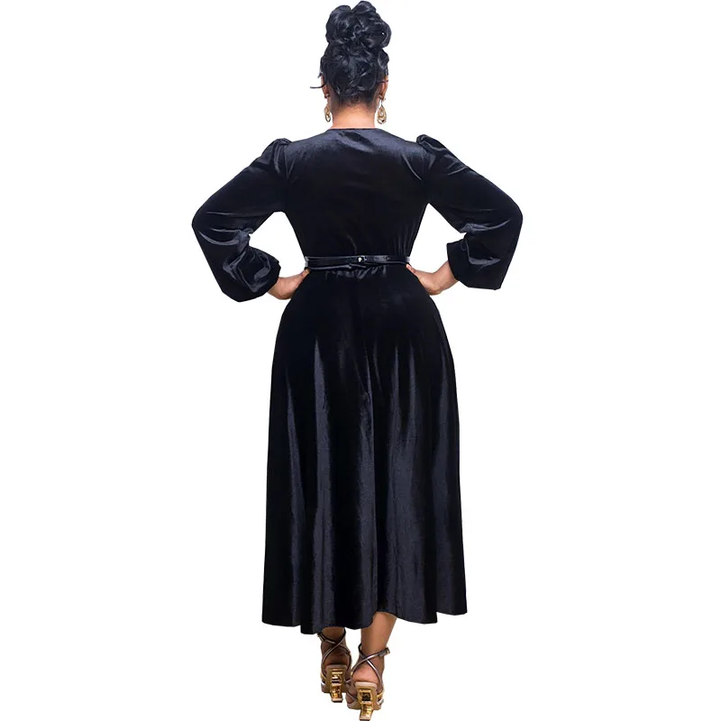 2023 Velvet Elegant Formal Party Dresses For Women Fashion Female V Neck Long Sleeve Vintage Solid Mid Dress Come With Belt