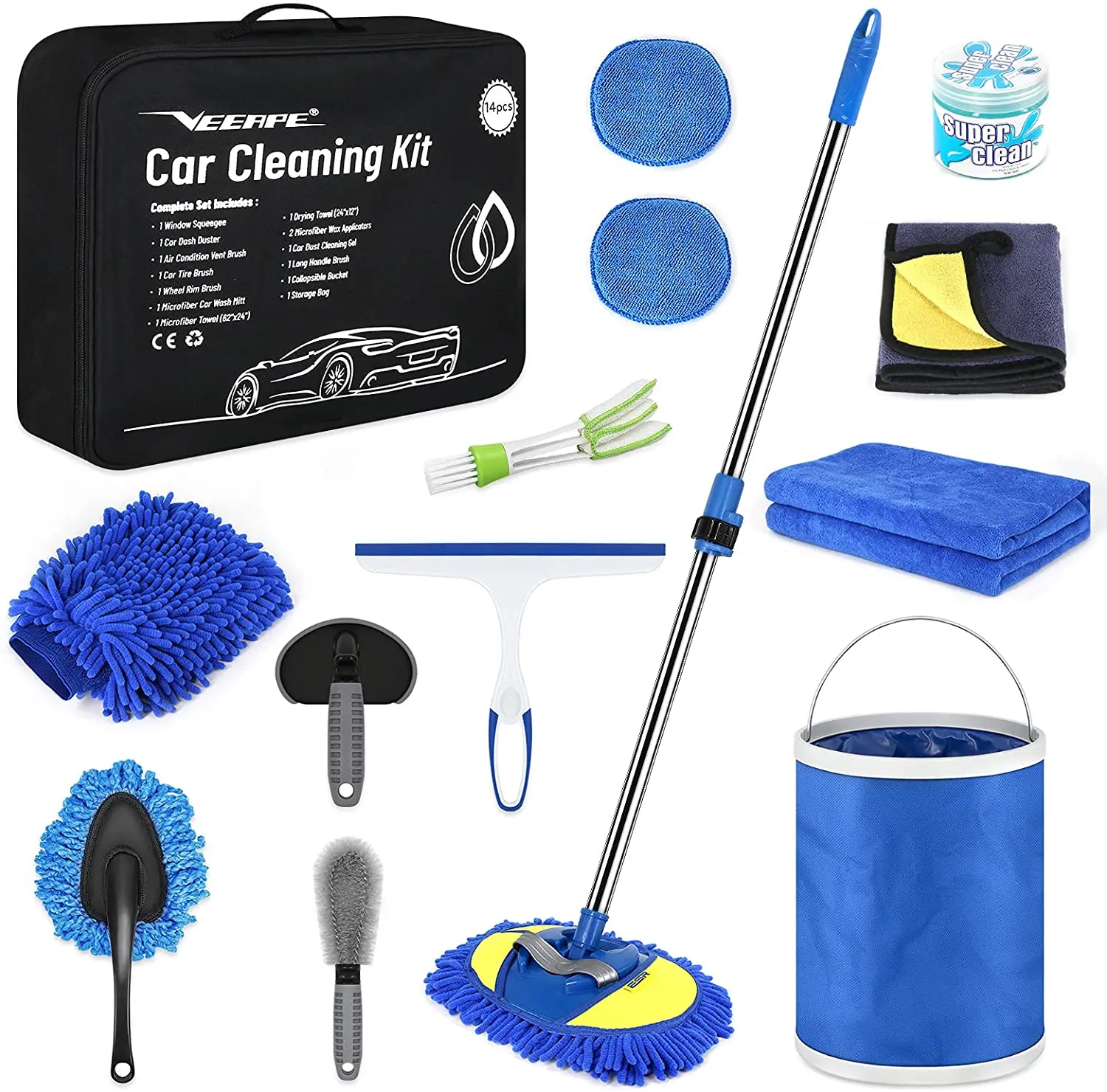 Car Wash Kit 14 pcs Car Interior Exterior Cleaning Gel Wash Brush With Long Handle Car Detailing Kit