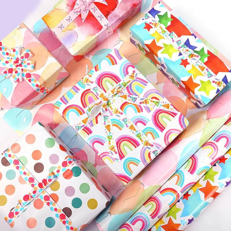 Hot selling  Rainbow Wrap Paper Sheets  Packaging Roll Custom LWC Wrapping Paper Set