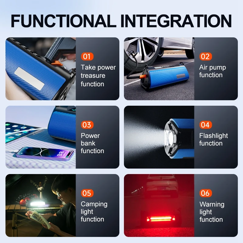 Multi-function 12V 24V Rechargeable Battery Powered Cordless Tire Inflator Compact Mini Portable Power Jump Starter