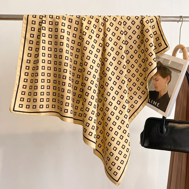 Custom Design Printing Silk Twillies Women Polyester Ribbon Hair Head Scarves Check Twill Scarf Square