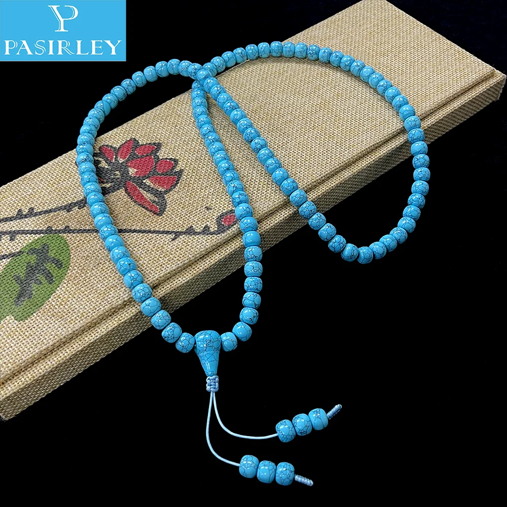 Handcrafted Bucket 8mm Synthetic Turquoise Buddha Beads 108 Beads Blue Turquoise Bucket Bead Bracelet Necklace