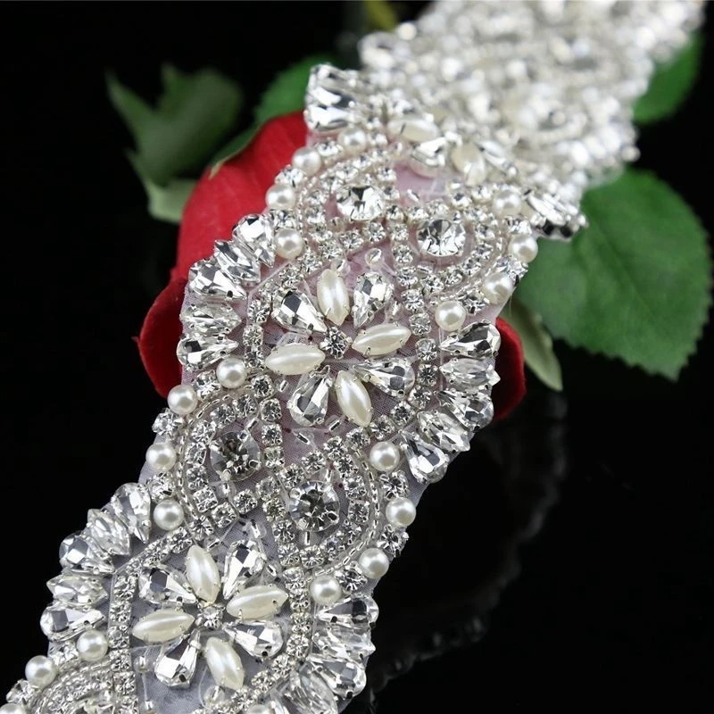 
Hot Sale Pearl Crystal Beaded Flower Bridal Sash Handmade Rhinestone Belt with Ribbon for Bride Bridesmaids formal Dress 