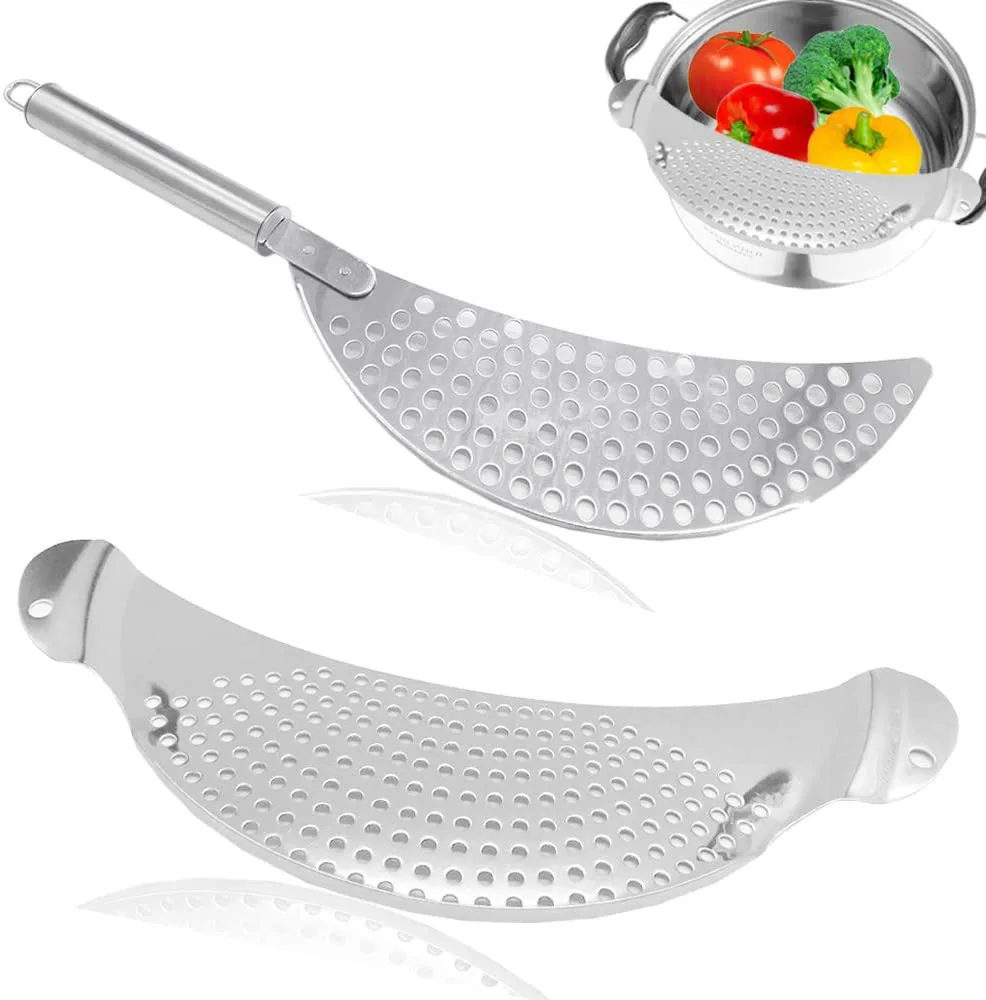 Kitchen Half-Moon Stainless Steel Pot Strainer Collapsible Colander for Pasta,Noodles,Fruit,Vegetable