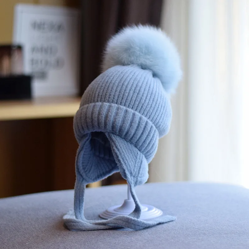 2023 Children Winter Cap New Fashion Wool Windproof Warm EarFlaps Cotton Cute Knitted Cashmere Hat With Pompoms