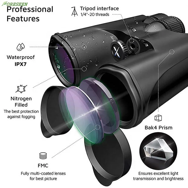Foreseen amazon 10x42 Waterproof Lightweight Compact Prism Bak4 HD Binocular for Bird Watching Hunting Traveling with Smartphone