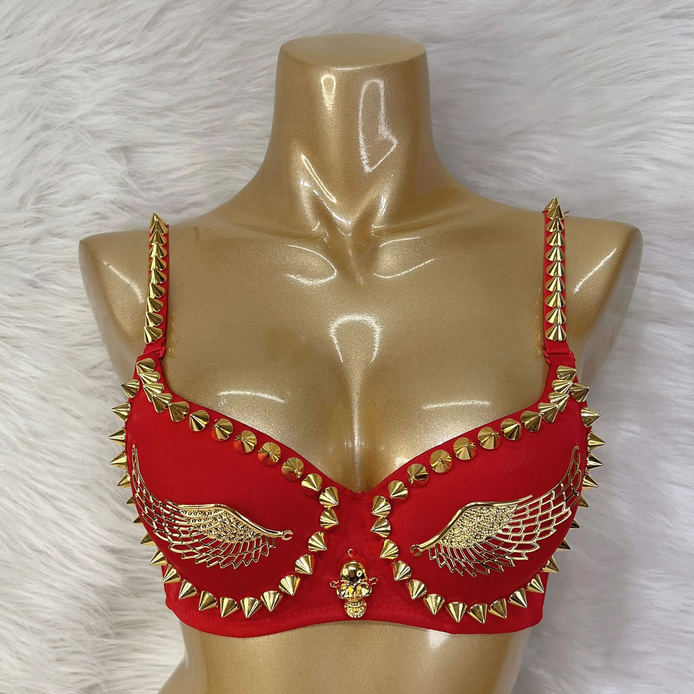 Exotic Lingerie Black Gold Studded Rivet & Wings Underwear Bra Adult Women Club wear Top Bra
