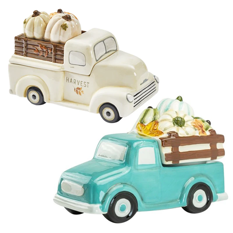 Custom kitchenware whimsical cookies canister porcelain festive fall charms harvest pumpkin farm truck patch cookie jar