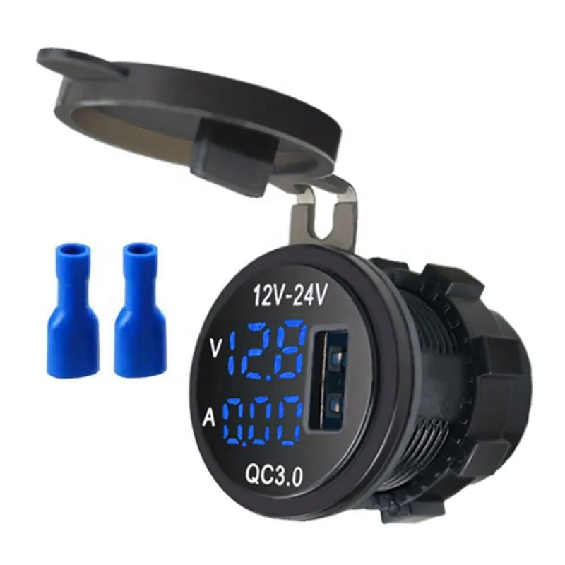 Waterproof 12V/24V QC3.0 Dual USB Fast Charger Power Outlet with Voltage and Current Display