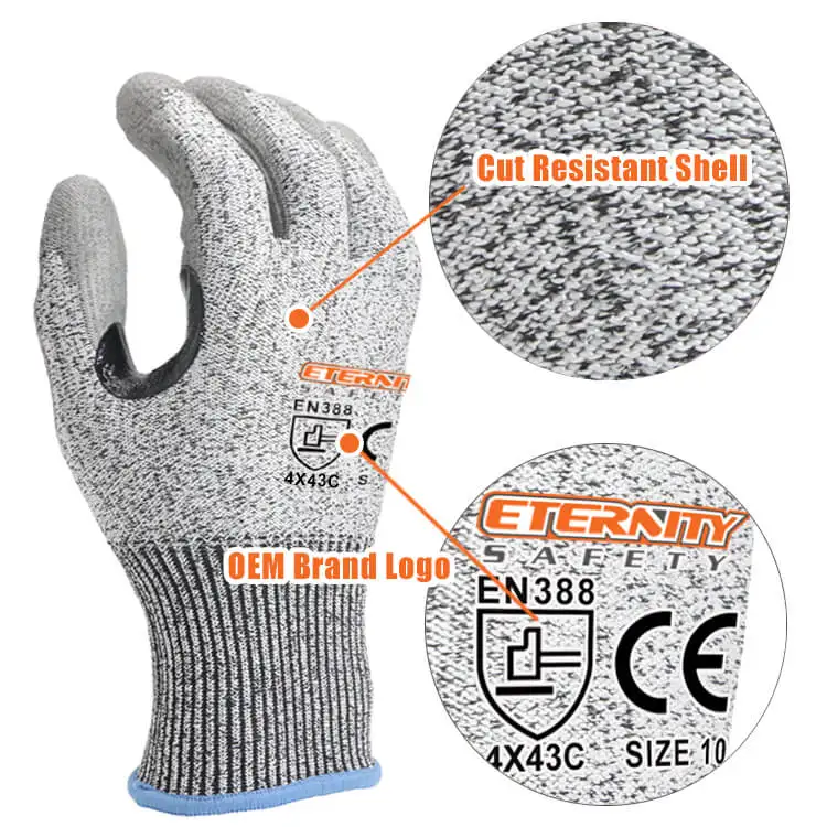 ENTE SAFETY Anti Cut Level 5 Glass Fiber HPPE Knit PU Coated Cut Resistant Protective Gloves for Glass Handling