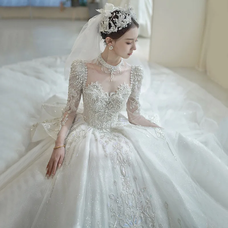 6126 Luxury Long Train Princess Lace Appliques Bride Wedding Dress Long Sleeves Court Marriage Party Ball Gown 2025