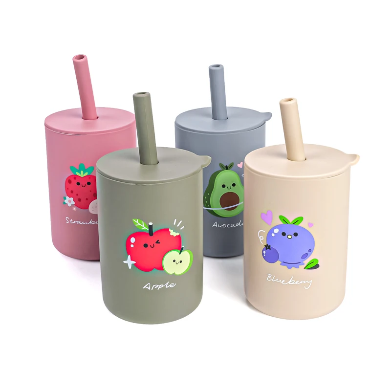 High Quality Outdoor Portable Food Grade Silicone Cup Lid BPA Free Kids Toddler Children Water Drinking Baby Sippy Cup Straw