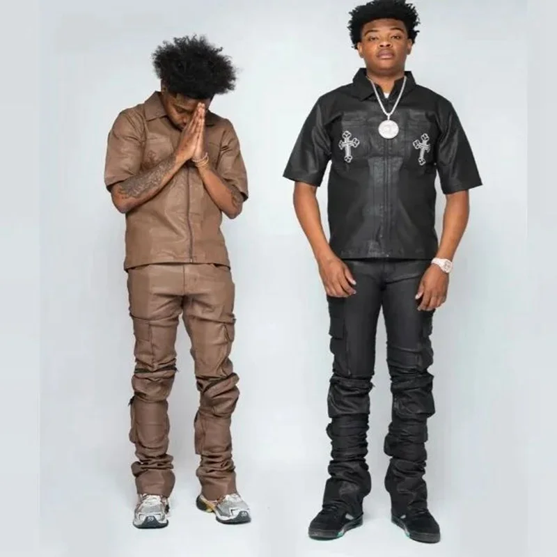 Custom Screen Print Embroidered Men Zip Up Leather Short Sleeve Shirt And Pu Stacked Flare Pants Set Tracksuit For Men