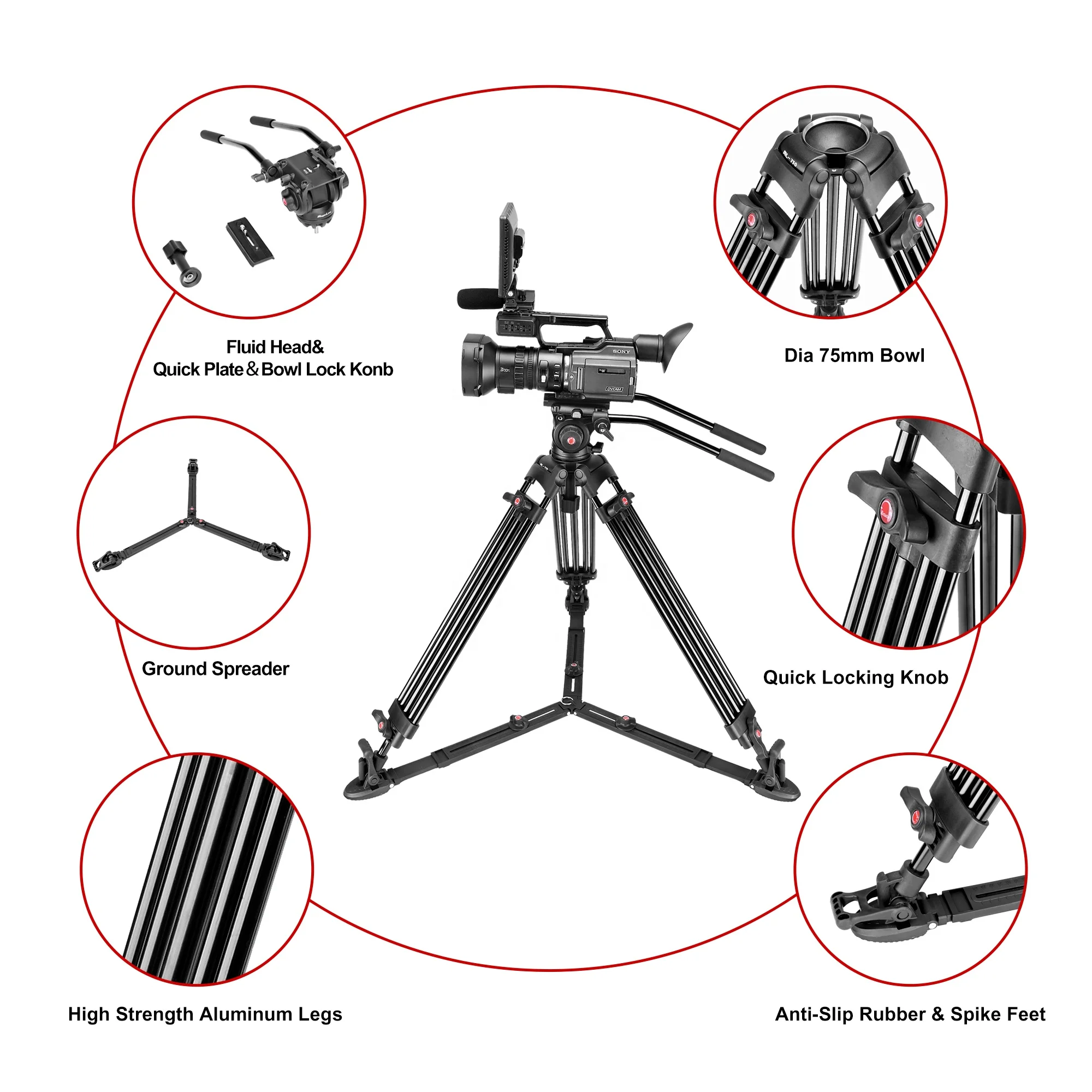 aluminum telescoping flexible heavy duty professional fluid head slider video camera tripod with ground spreader for camera
