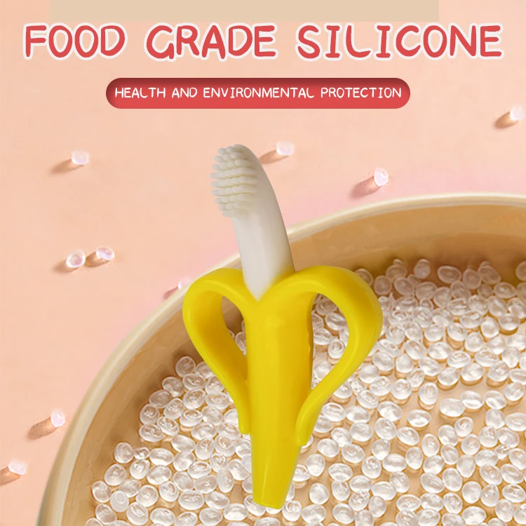 OBJ OEM/ODM Baby  Food Silicone Banana toothbrush Soft bristle toothbrush Baby grip toy Slow teether can be cooked