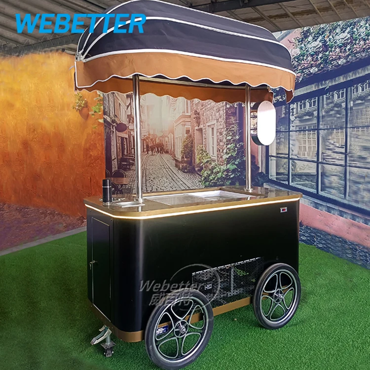 WEBETTER Hand Push Coffee Cart Street Small Ice Cream Cart Outside Gelato Display Freezer Cart For Sale