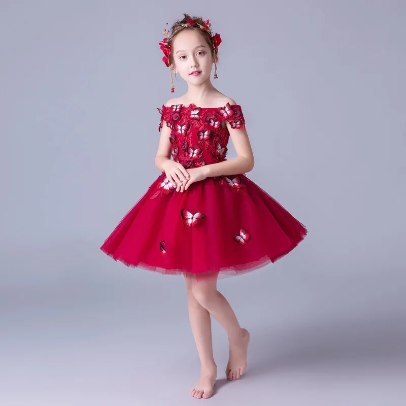 Red lace ruffle butterfly design Princess high-low Wedding Dress Boat Neck Flower Girl Dress
