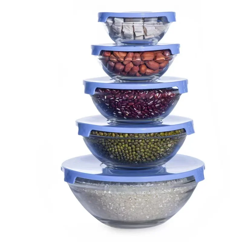 5 PCS Set Clear Glass Salad Bowl Household Fruit and Vegetable Heat Proof Soup with PP Lid