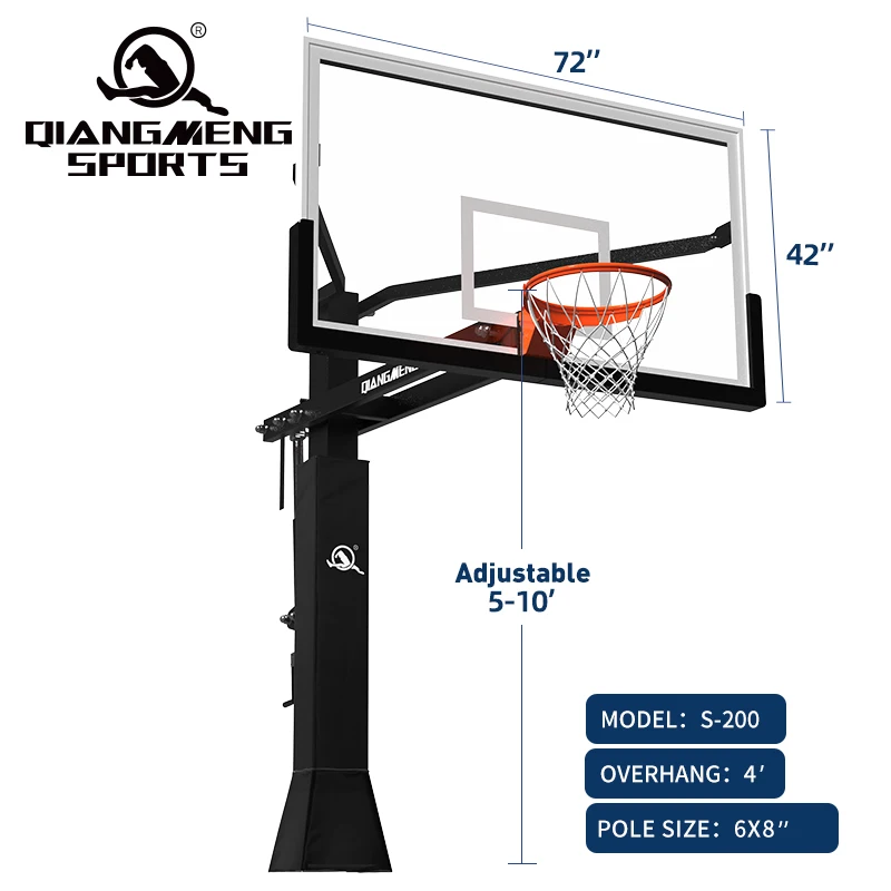 Adjustable Height Sports Training Equipment Outdoor Hot Dip Galvanized In Ground Basketball Hoop With 72*42'  Tempered Glass Ba