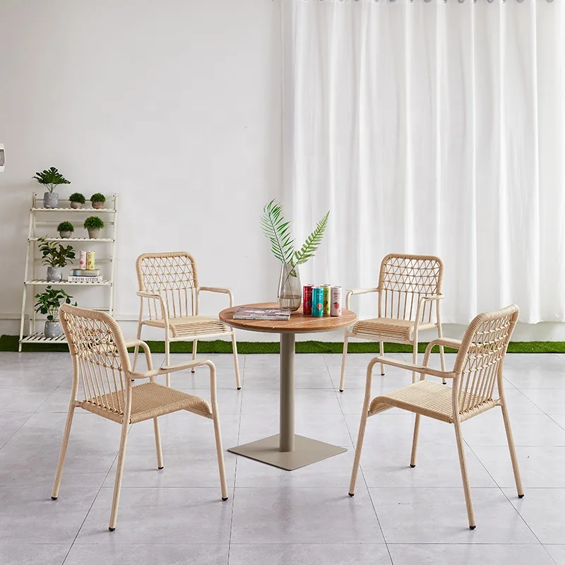 Beige Garden Cafe Dining Set Furniture Outdoor Patio Bistro Rope Aluminum Round Table 4 Person Seater Chairs