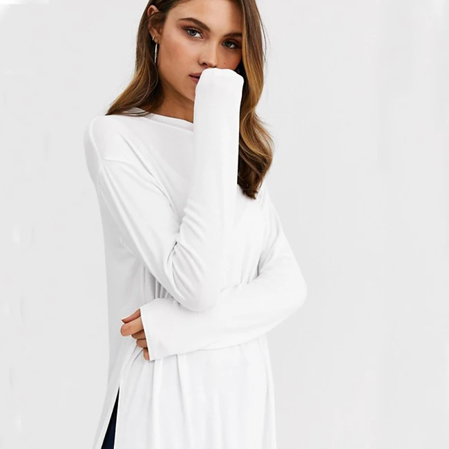 New style women cotton cheap super longline hem side slit long sleeve t-shirt