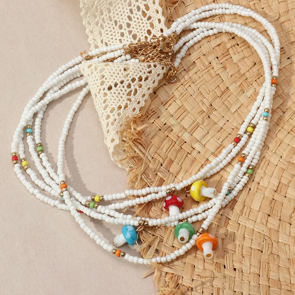 Bohemian Adjustable Choker Necklace Sweet Mushroom Seed Bead Pendant Necklace Jewelry for Women Party