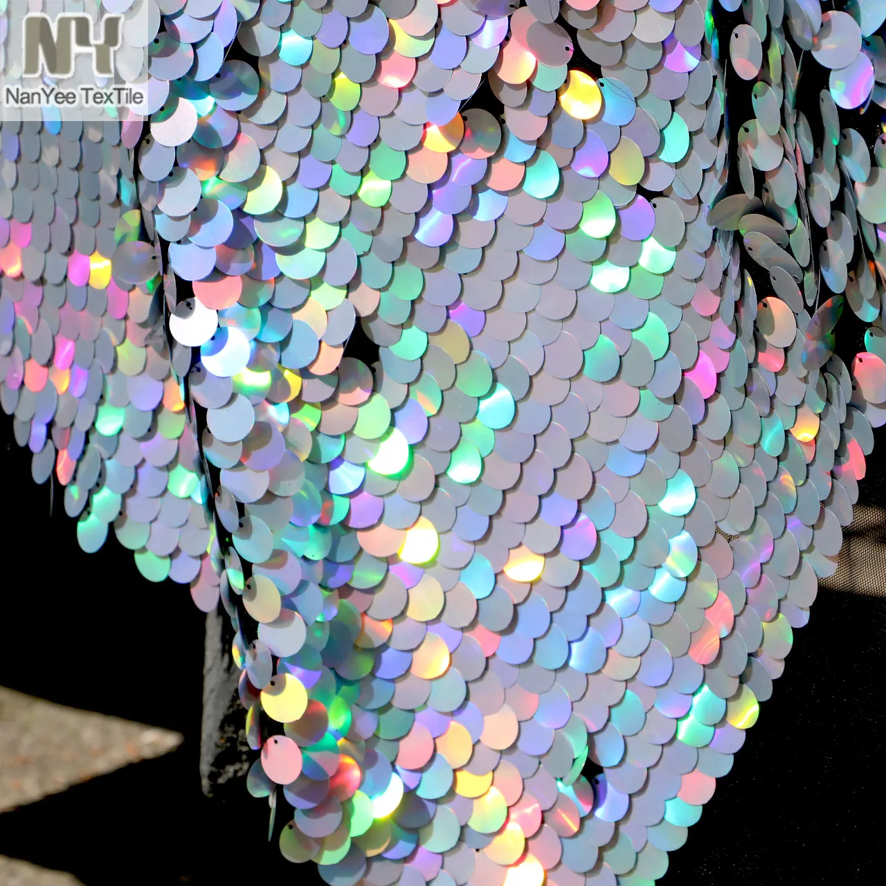 Nanyee Textile Fashion Large Hanging Coin Shape Silver Iridescent Sequins On Mesh