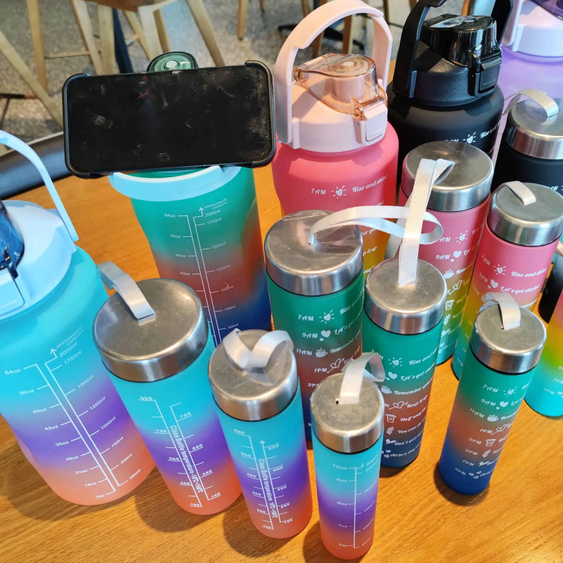 4 in 1 Gym Sports Water Bottle 4pcs set Gradient Color bottle Set Portable Fitness Handle Straw Motivational bottle